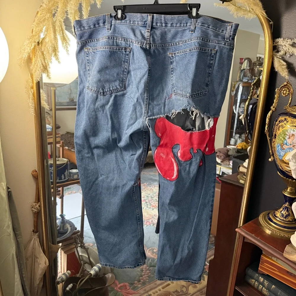 Red Paint Drip and Embroidered Straight Relaxed Fit Jeans